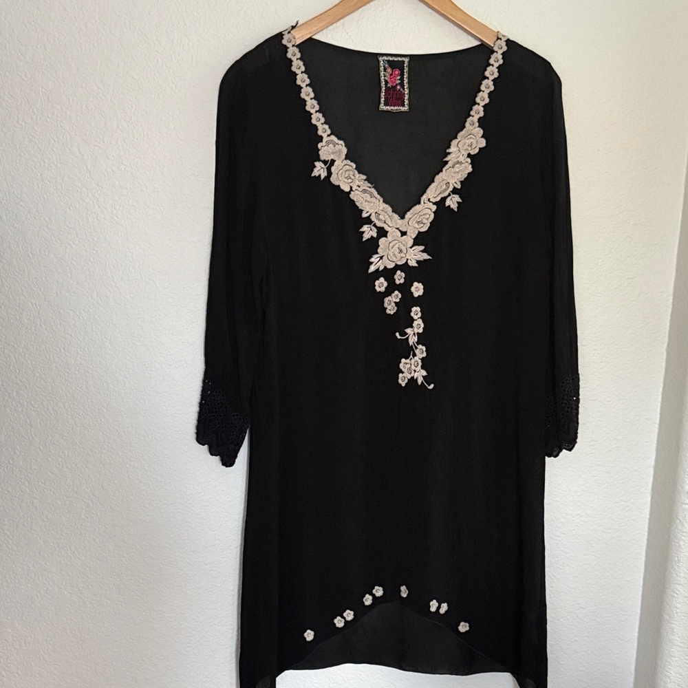 Johnny Was Black Tunic with Colorful Floral Embroidery